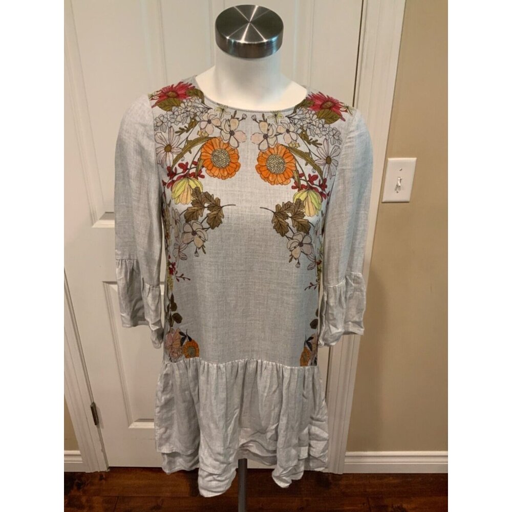 Zara Trafaluc Gray Floral Long Sleeve Mini Dress, Size XS